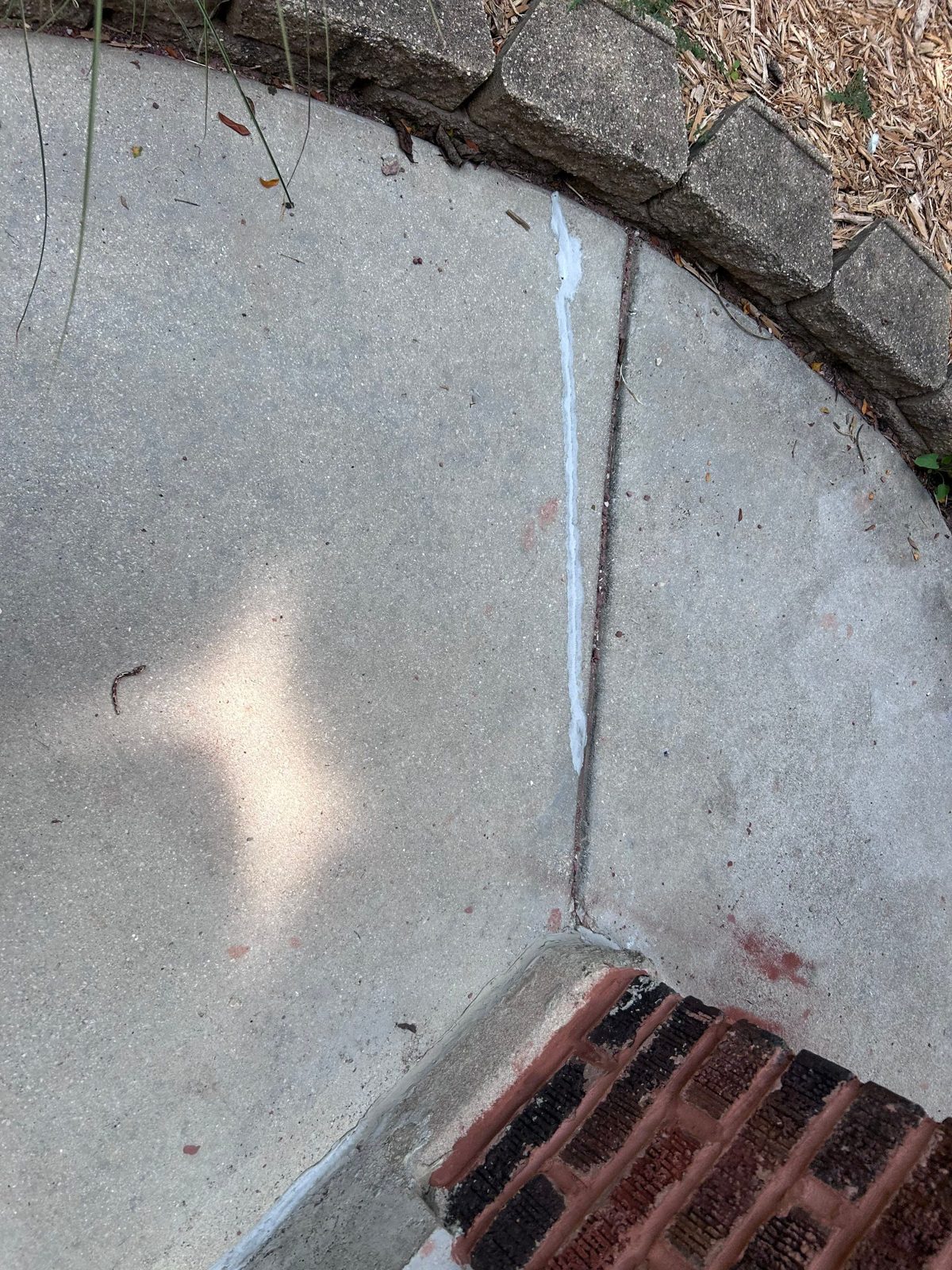 Control joint sealed on concrete slab beside landscaping block border.
